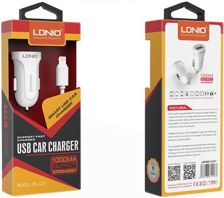 Автомобільний зарядний пристрій LDNIO DL-C17 Car charger 1USB 1A + Lightning cable White