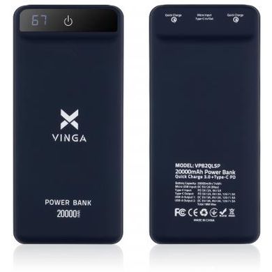 Батарея универсальная Vinga 20000 mAh QC3.0 Display soft touch purple (VPB2QLSP), пурпурний